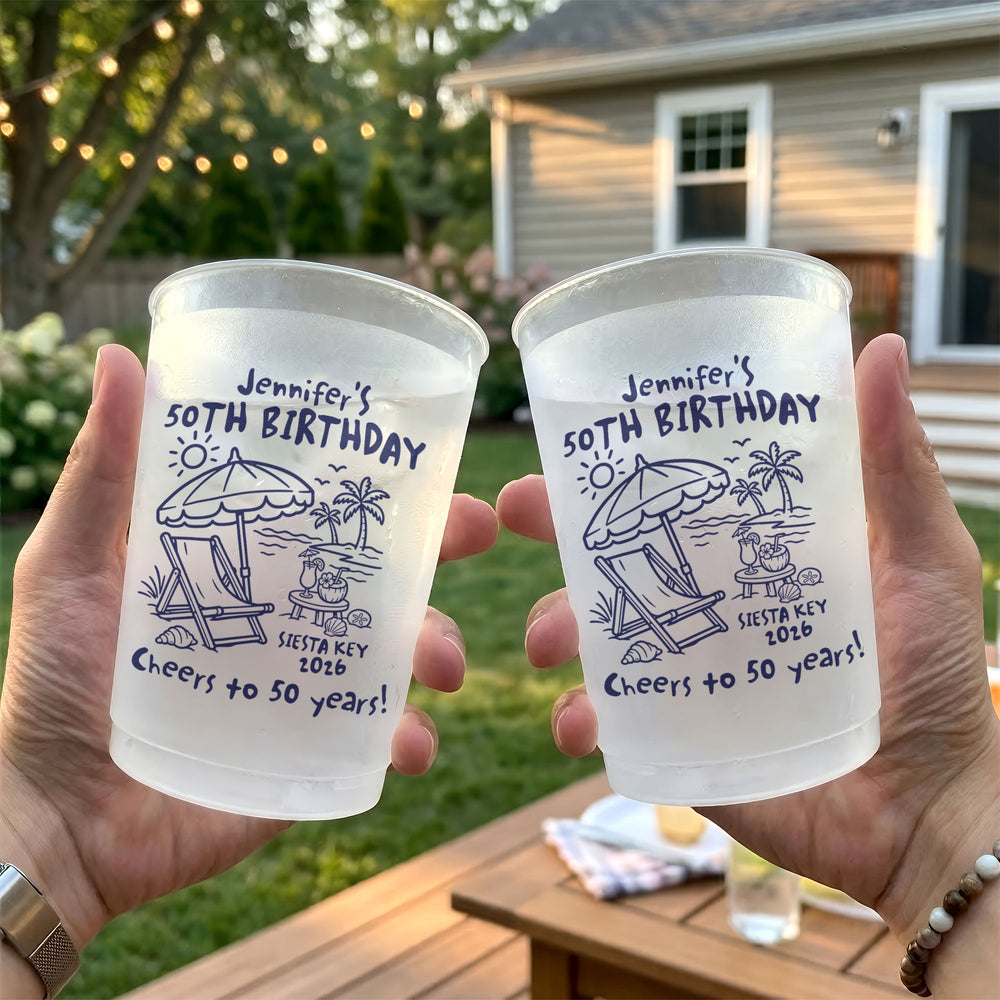 Custom Beach Birthday Frosted Cups – Personalized Party Favors