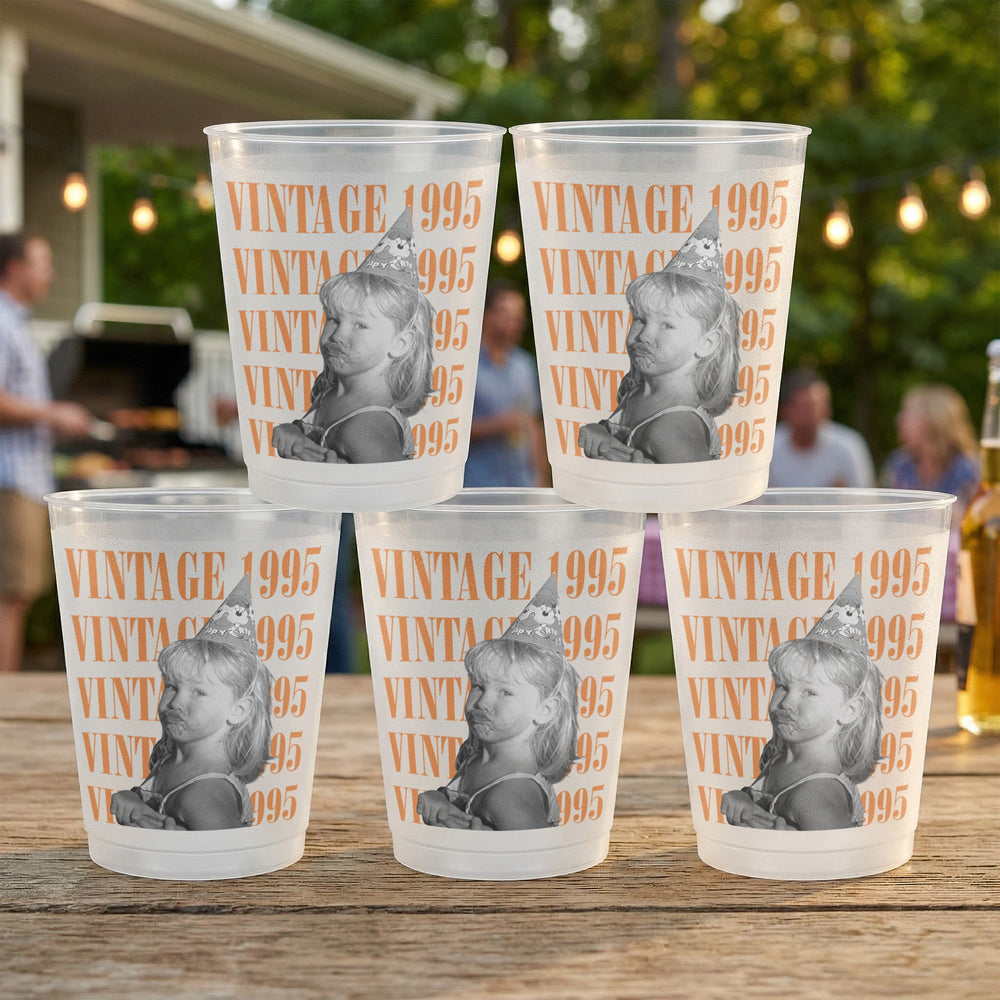 Custom Vintage Photo Birthday Frosted Cups – Personalized Party Favors