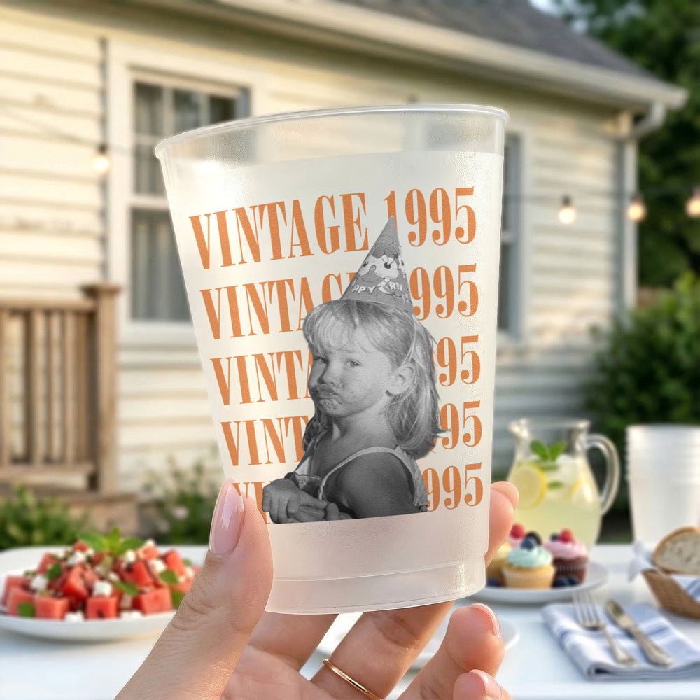 Custom Vintage Photo Birthday Frosted Cups – Personalized Party Favors