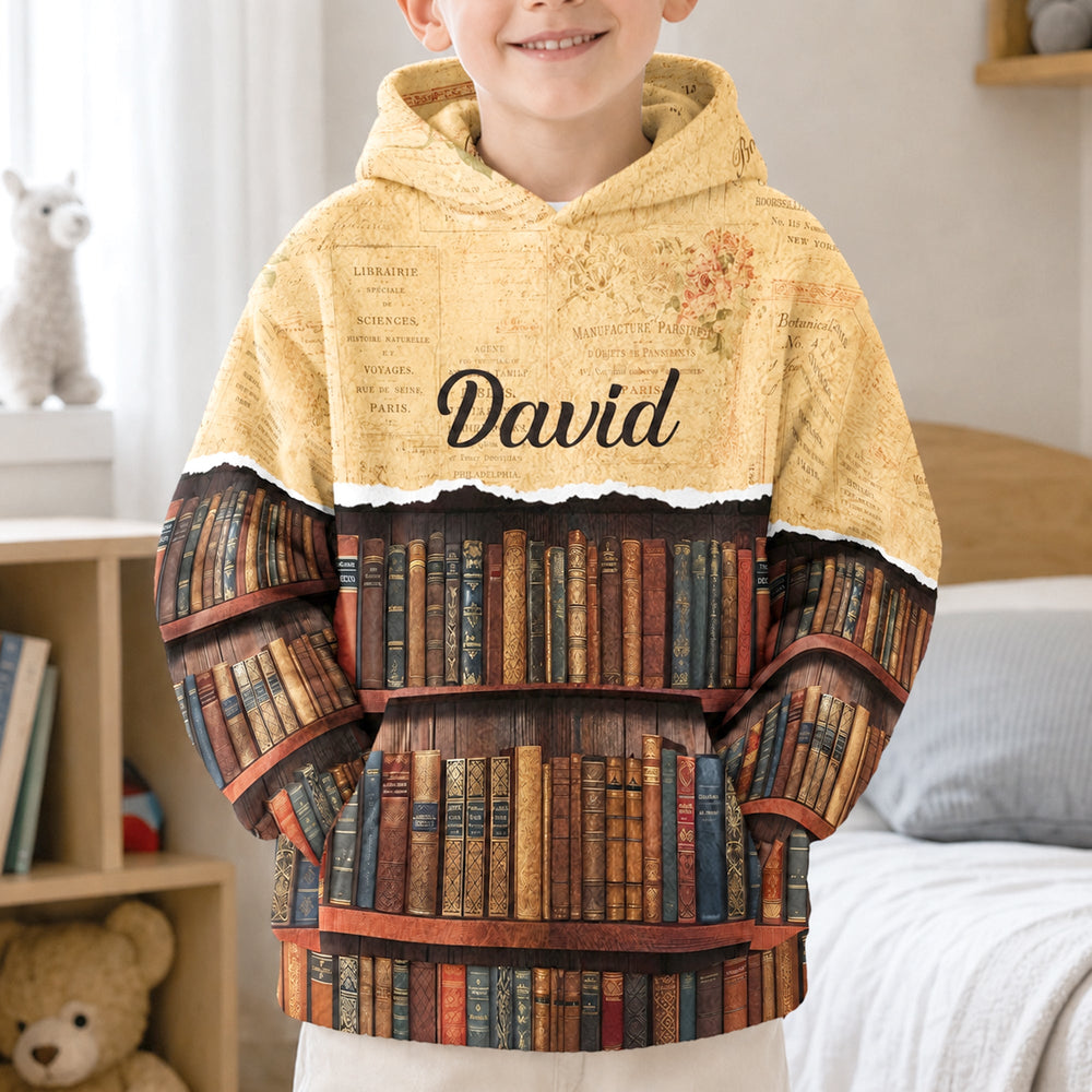 Custom Name Vintage Bookshelf Hoodie - Personalized Book Lover Gift