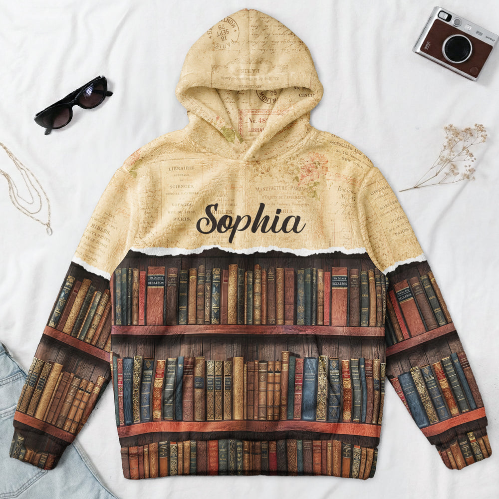 Custom Name Vintage Bookshelf Hoodie - Personalized Book Lover Gift