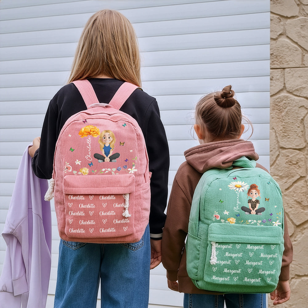 Cartoon Character With Birth Flower - Personalized Backpack
