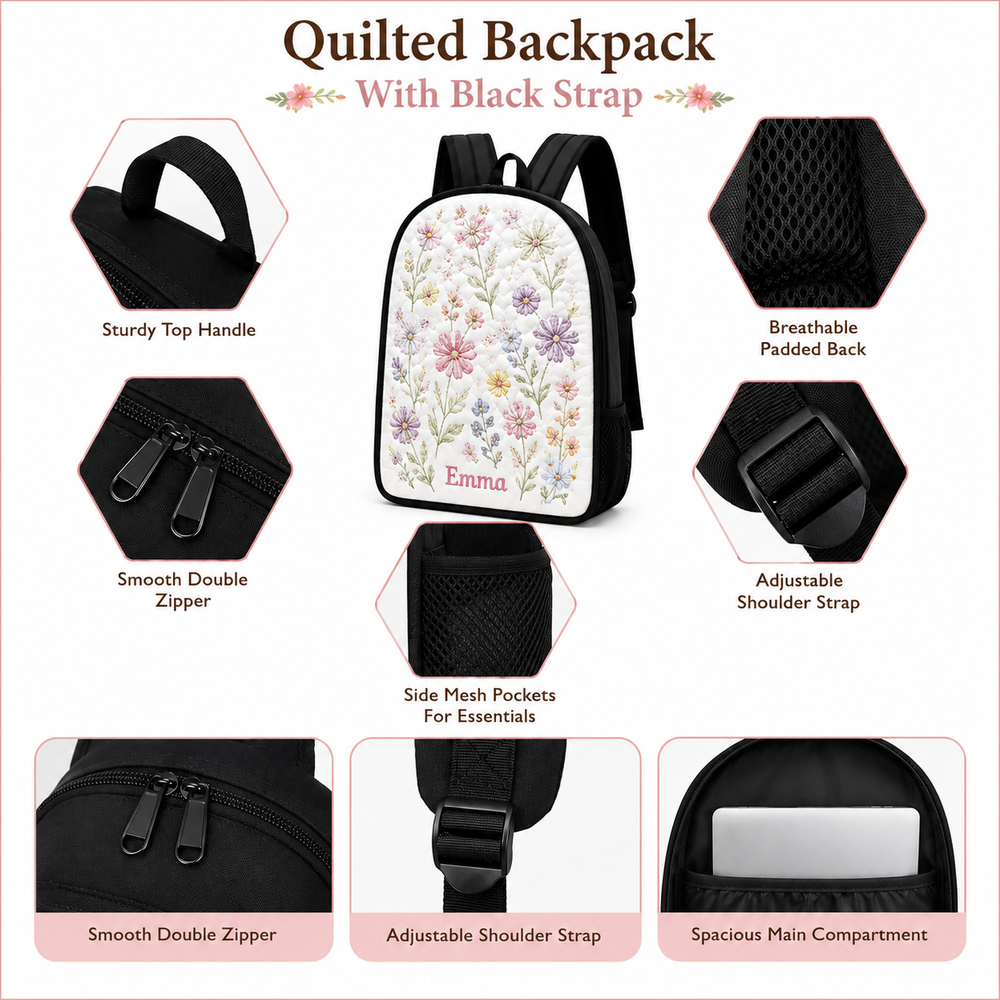 Black Cat & Floral Quilted Backpack With Black Strap TN01