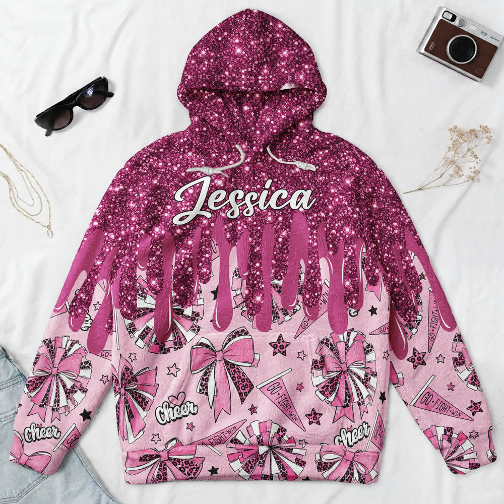 Personalized Cheerleader Hoodie, Custom Name Glitter Drip Cheer Fleece Sweatshirt