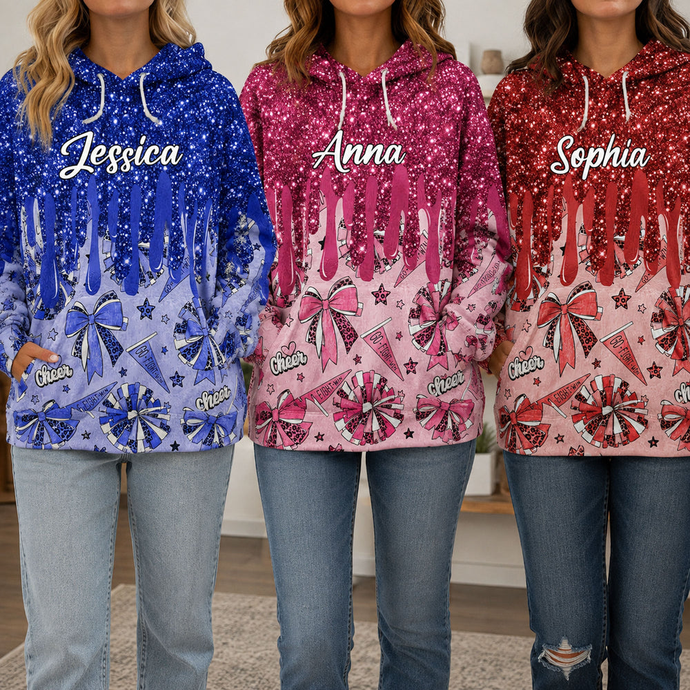 Personalized Cheerleader Hoodie, Custom Name Glitter Drip Cheer Fleece Sweatshirt