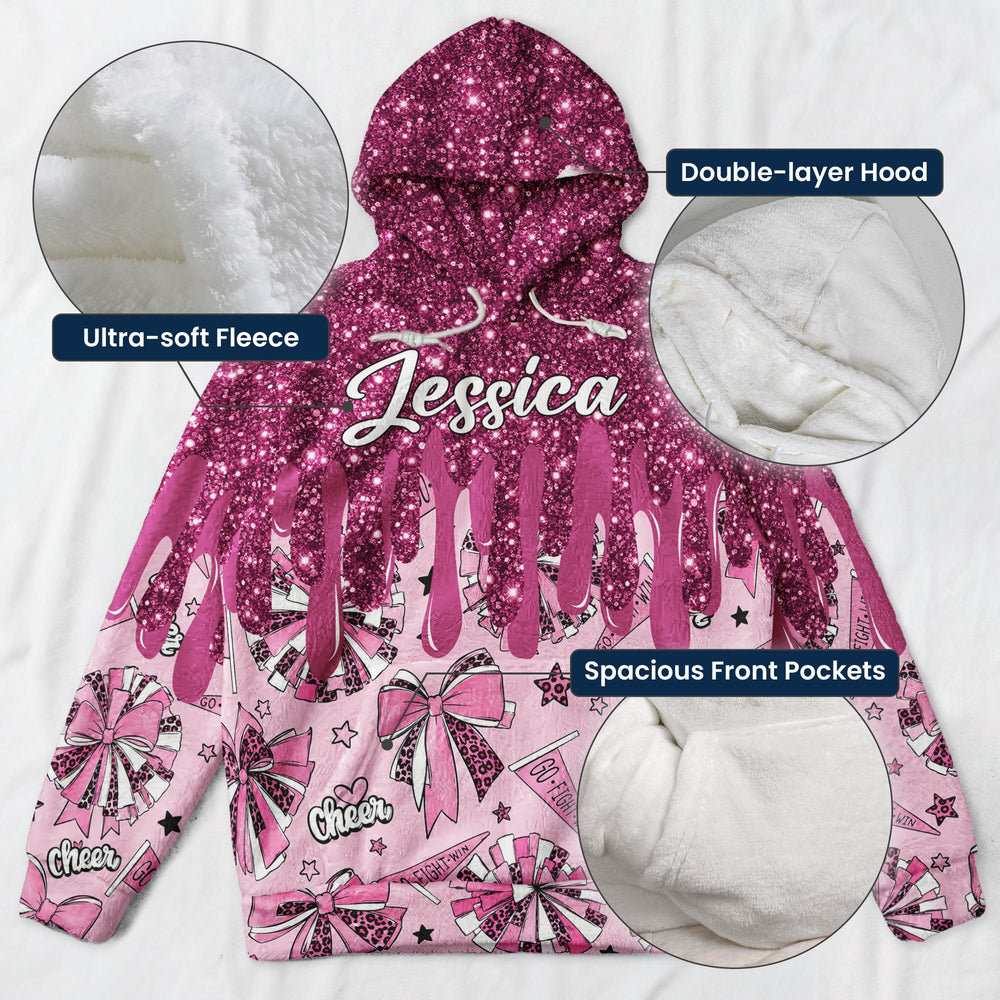 Personalized Cheerleader Hoodie, Custom Name Glitter Drip Cheer Fleece Sweatshirt