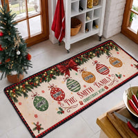 Personalized Christmas Family Name Runner Rug, Custom Baubles Xmas Floor Mat & Kitchen Rug