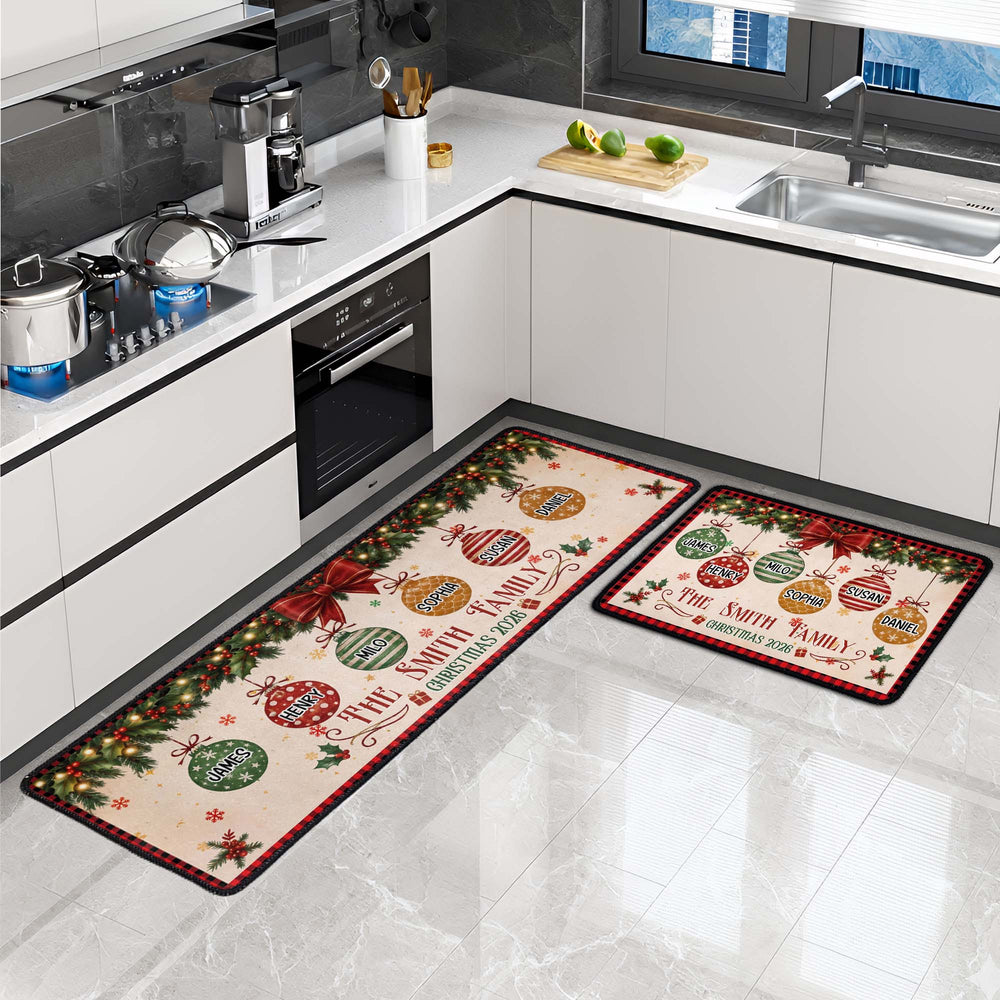 Personalized Christmas Family Name Runner Rug, Custom Baubles Xmas Floor Mat & Kitchen Rug