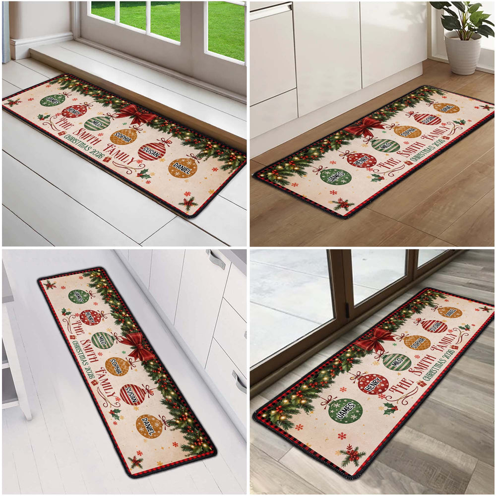 Personalized Christmas Family Name Runner Rug, Custom Baubles Xmas Floor Mat & Kitchen Rug