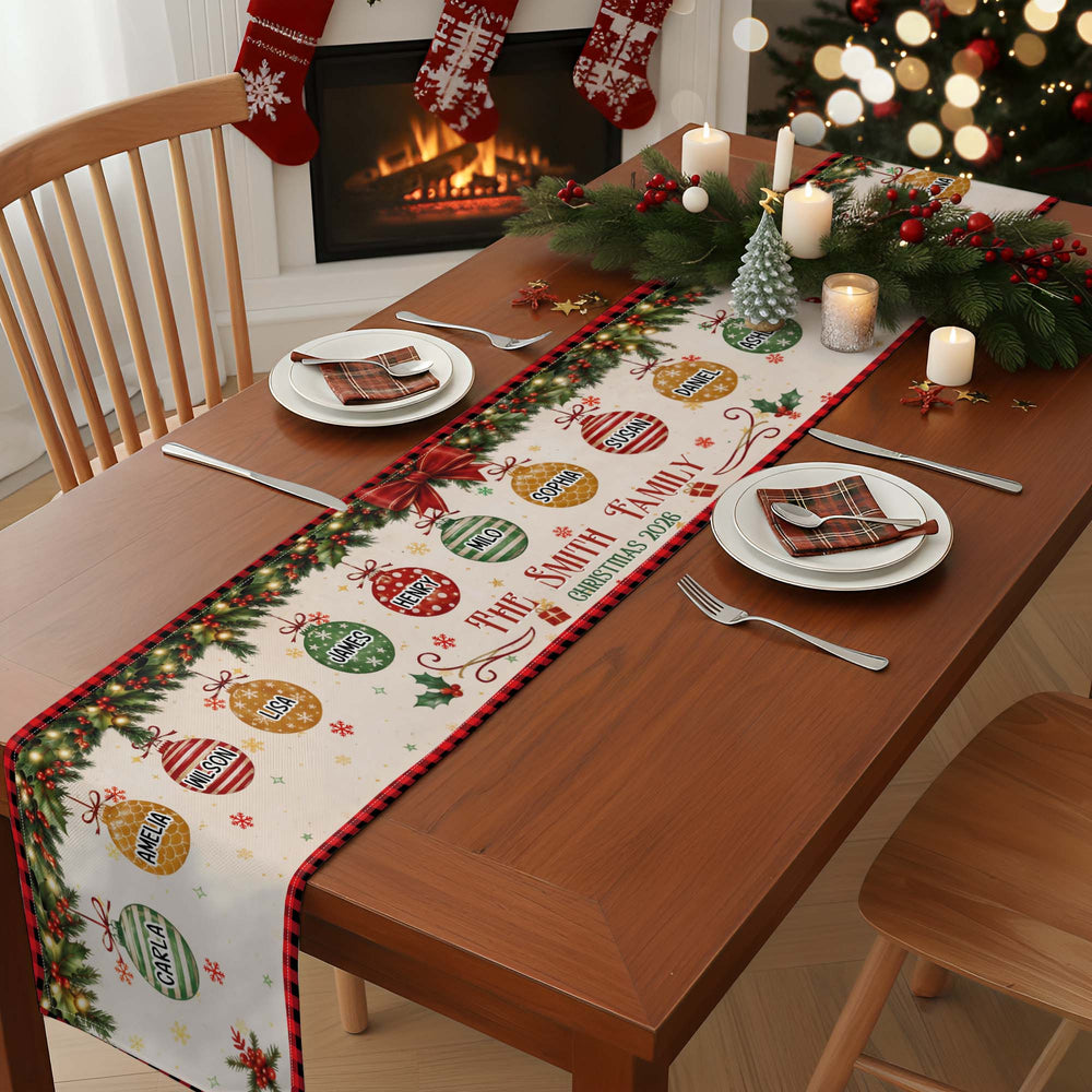 Personalized Christmas Family Table Runner, Custom Name Xmas Baubles Holiday Dining Decor