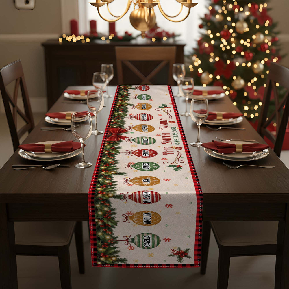 Personalized Christmas Family Table Runner, Custom Name Xmas Baubles Holiday Dining Decor