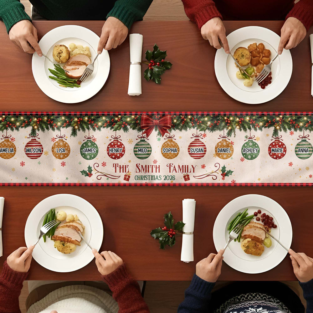 Personalized Christmas Family Table Runner, Custom Name Xmas Baubles Holiday Dining Decor