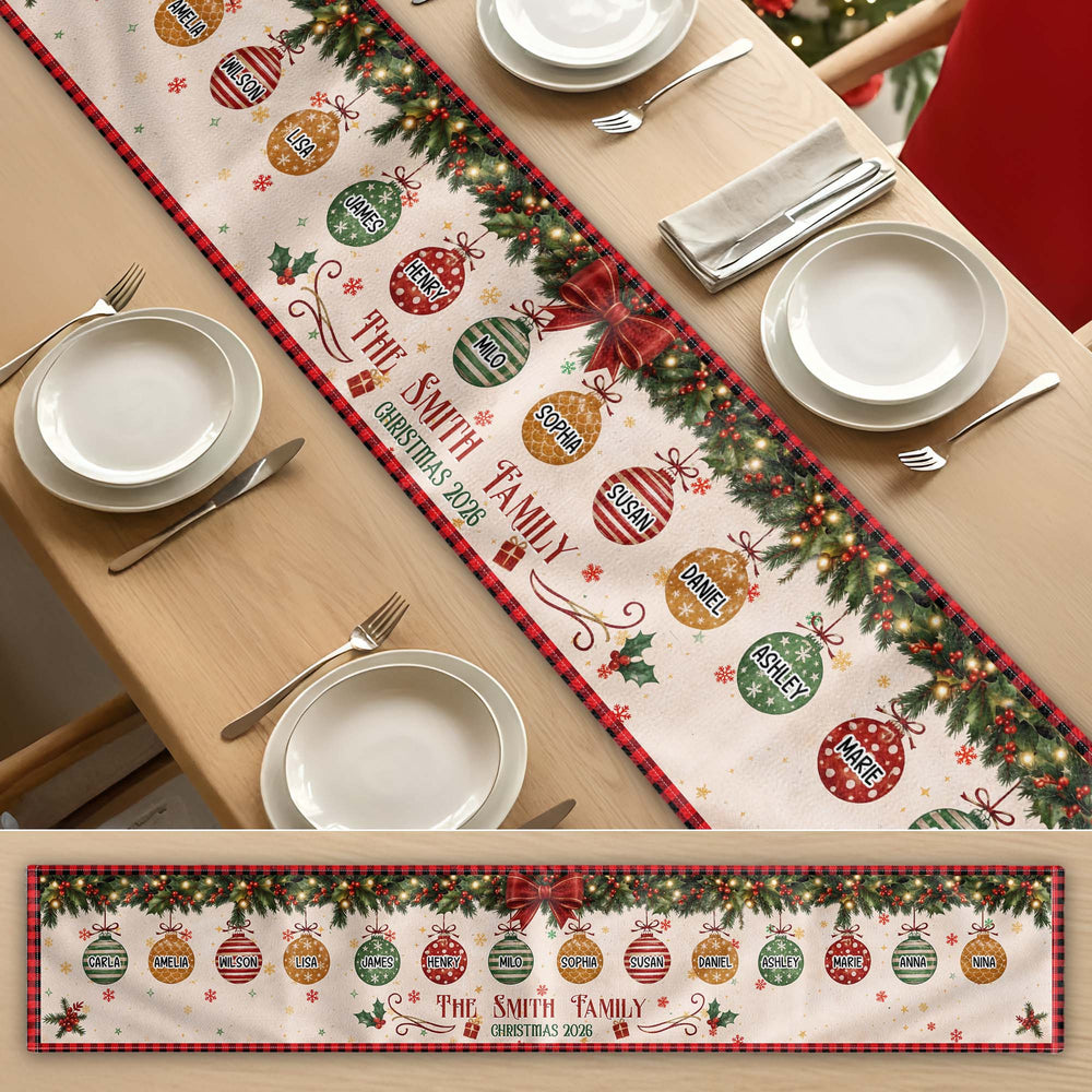 Personalized Christmas Family Table Runner, Custom Name Xmas Baubles Holiday Dining Decor