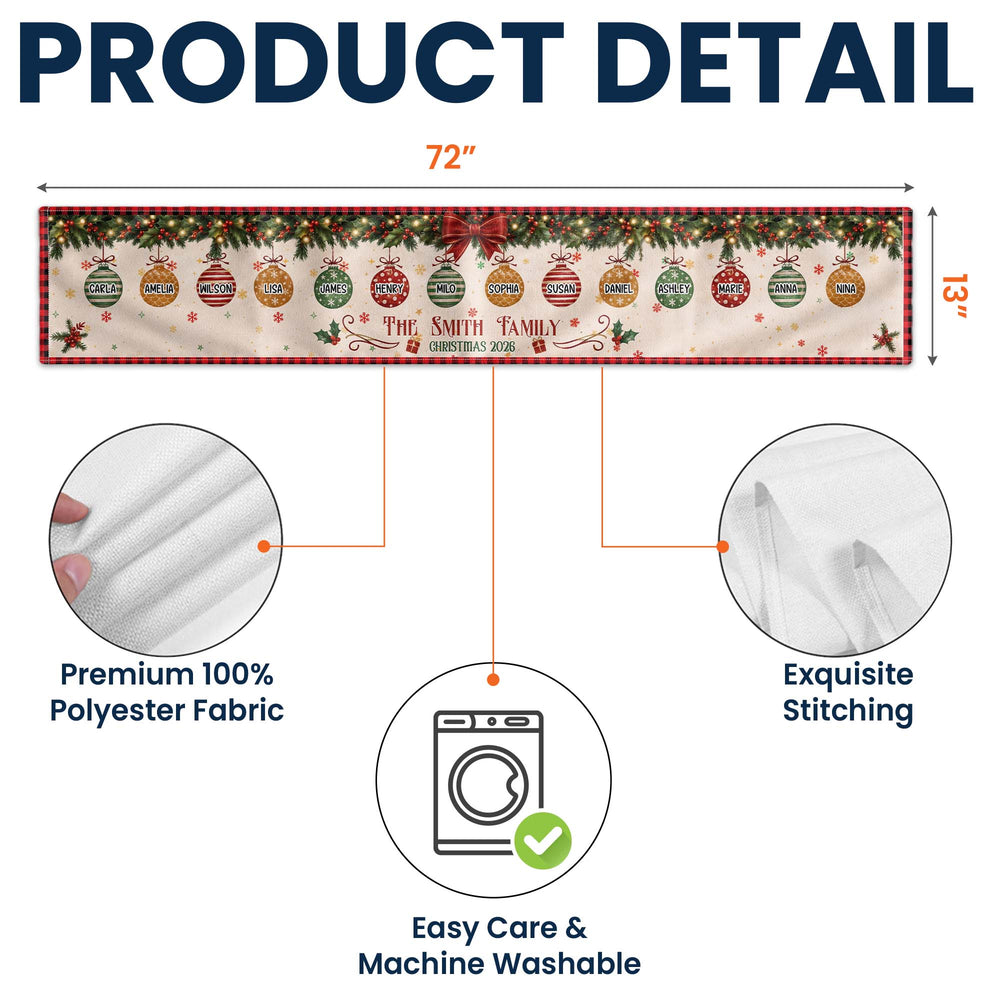 Personalized Christmas Family Table Runner, Custom Name Xmas Baubles Holiday Dining Decor