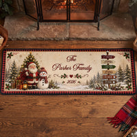 Personalized Christmas Runner Rug, Custom Family Name Santa & Snowman Holiday Floor Mat