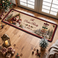 Personalized Christmas Runner Rug, Custom Family Name Santa & Snowman Holiday Floor Mat