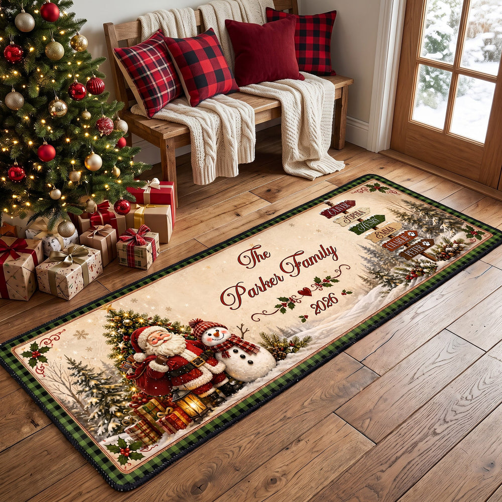 Personalized Christmas Runner Rug, Custom Family Name Santa & Snowman Holiday Floor Mat