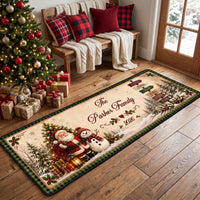 Personalized Christmas Runner Rug, Custom Family Name Santa & Snowman Holiday Floor Mat