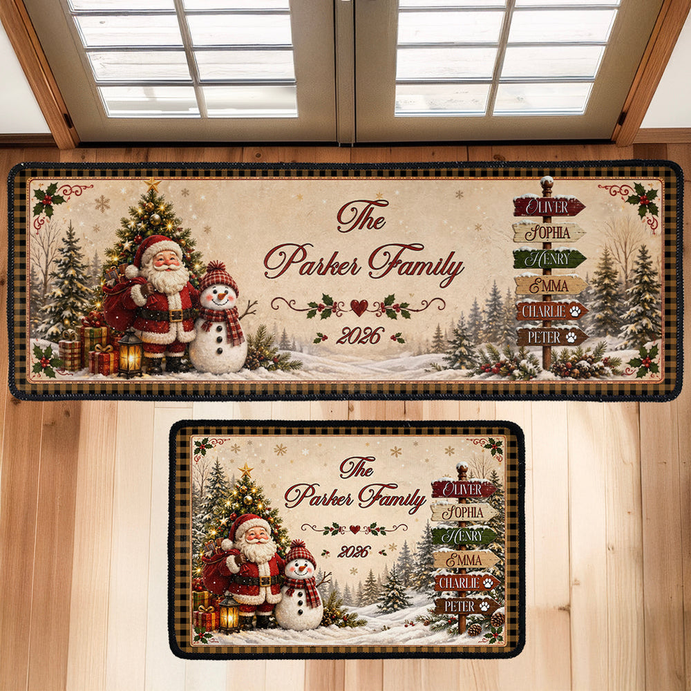 Personalized Christmas Runner Rug, Custom Family Name Santa & Snowman Holiday Floor Mat