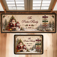 Personalized Christmas Runner Rug, Custom Family Name Santa & Snowman Holiday Floor Mat