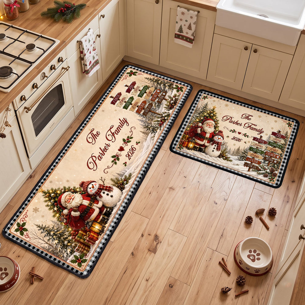 Personalized Christmas Runner Rug, Custom Family Name Santa & Snowman Holiday Floor Mat