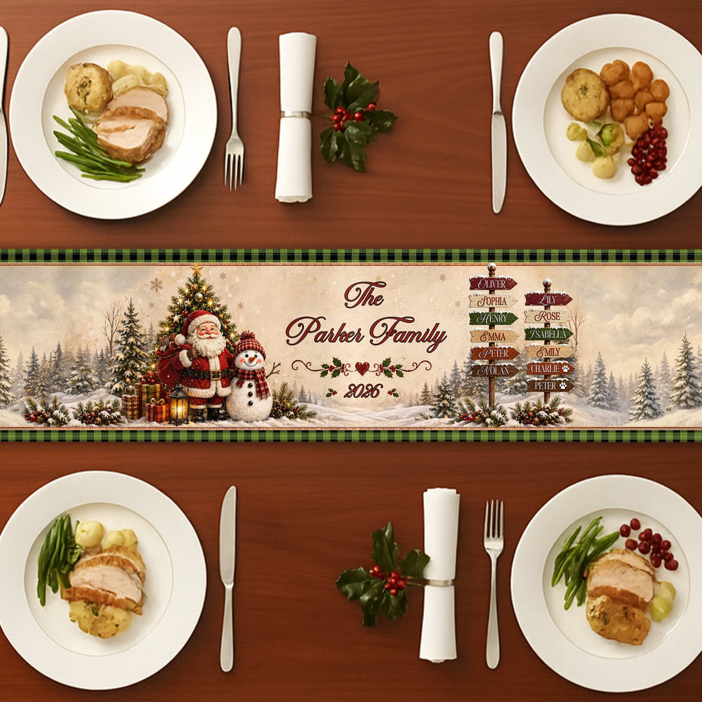 Personalized Christmas Table Runner, Custom Family Name Santa & Snowman Holiday Dining Decor