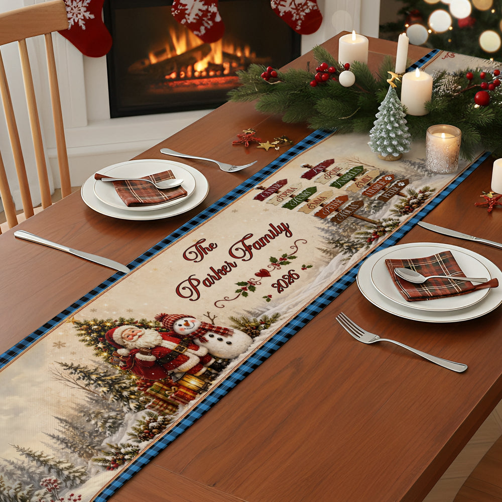 Personalized Christmas Table Runner, Custom Family Name Santa & Snowman Holiday Dining Decor