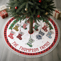 Personalized Family Stocking Christmas Tree Skirt, Custom Holiday Tree Mat