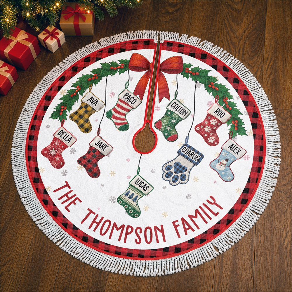 Personalized Family Stocking Christmas Tree Skirt, Custom Holiday Tree Mat