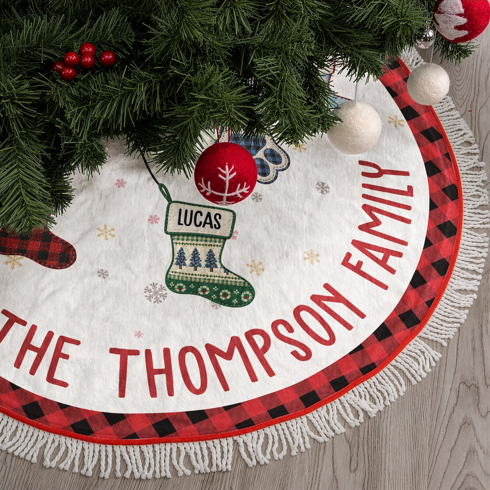 Personalized Family Stocking Christmas Tree Skirt, Custom Holiday Tree Mat