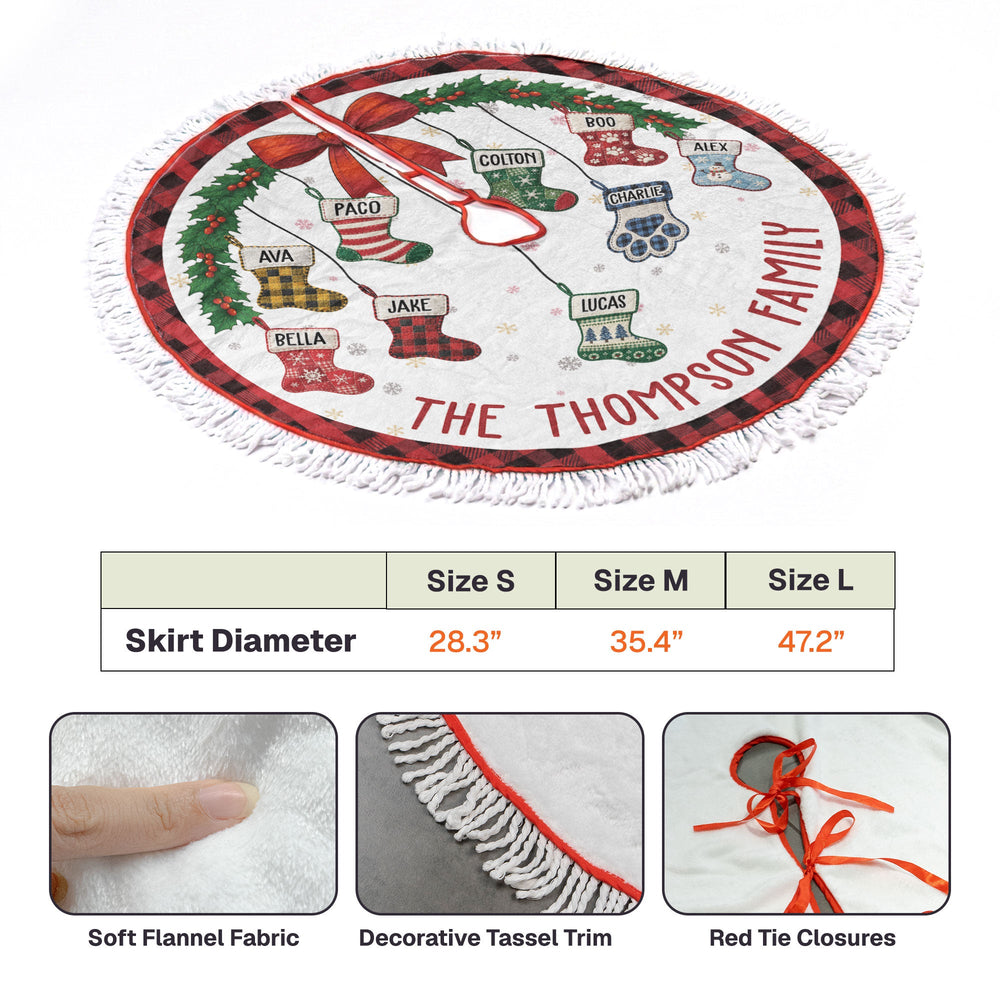 Personalized Family Stocking Christmas Tree Skirt, Custom Holiday Tree Mat