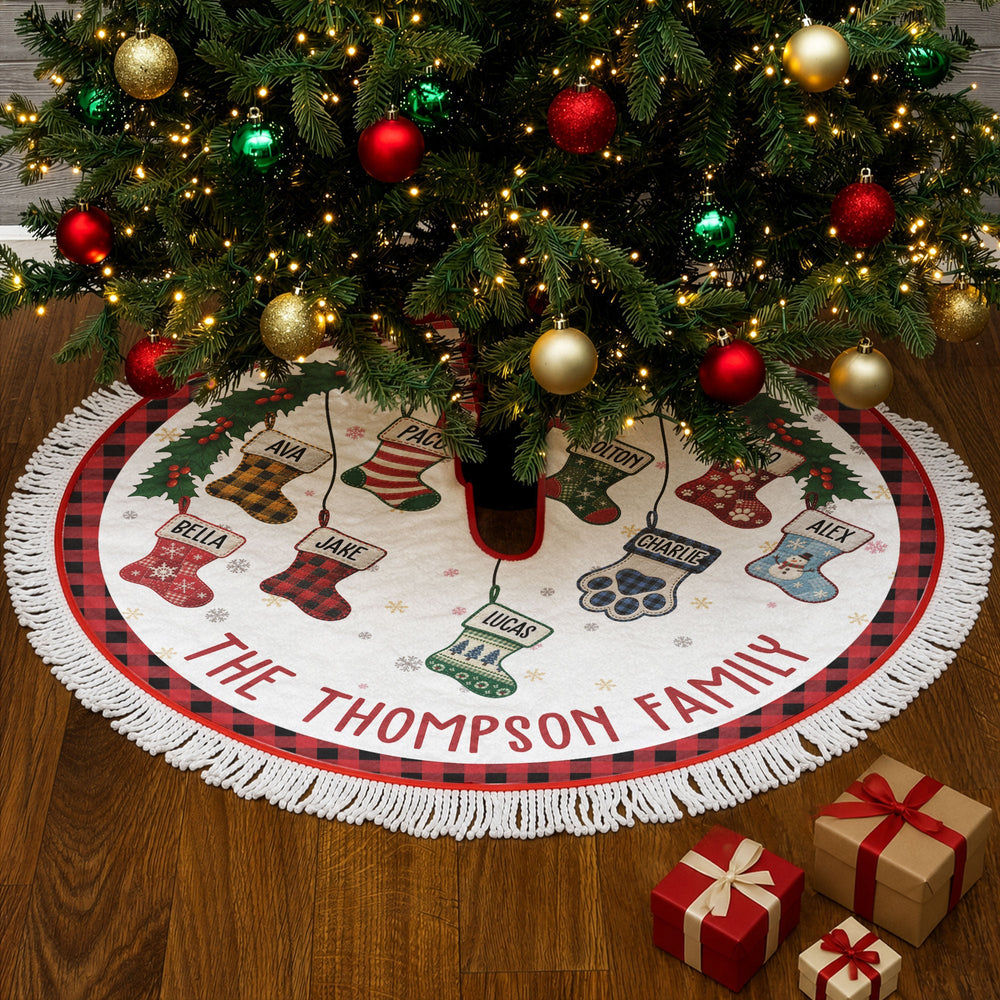 Personalized Family Stocking Christmas Tree Skirt, Custom Holiday Tree Mat