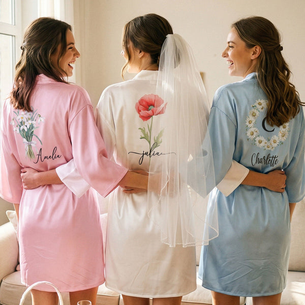 Custom Birth Flower & Name For Her, Bridesmaids, Friends, Wife, Mom, Daughter - Personalized Robe