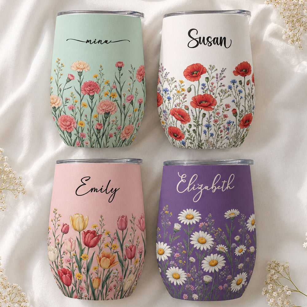 Personalized Birth Flower Wine Tumbler - Custom Name Stainless Steel Travel Cup, Birthday Gift For Her