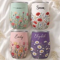 Personalized Birth Flower Wine Tumbler - Custom Name Stainless Steel Travel Cup, Birthday Gift For Her