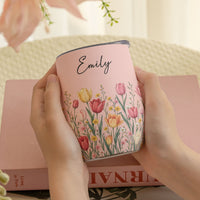 Personalized Birth Flower Wine Tumbler - Custom Name Stainless Steel Travel Cup, Birthday Gift For Her