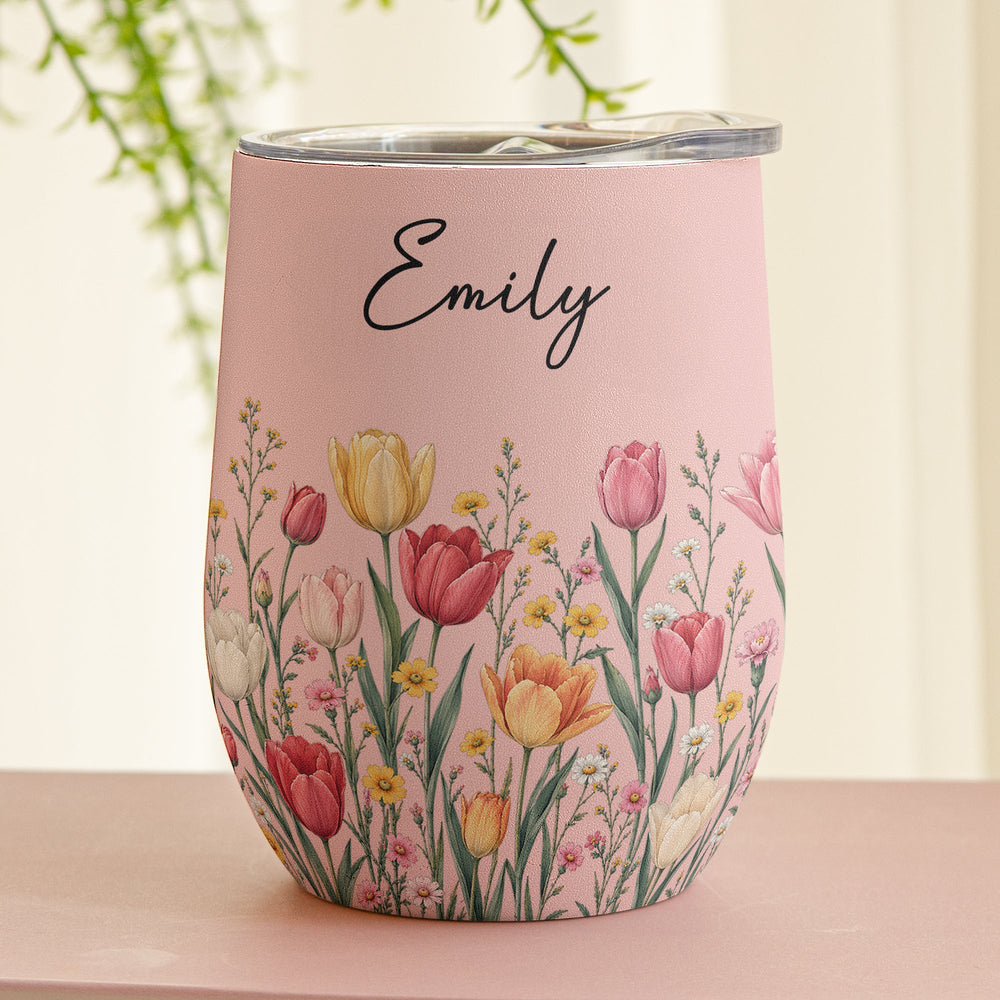 Personalized Birth Flower Wine Tumbler - Custom Name Stainless Steel Travel Cup, Birthday Gift For Her