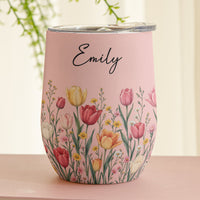 Personalized Birth Flower Wine Tumbler - Custom Name Stainless Steel Travel Cup, Birthday Gift For Her