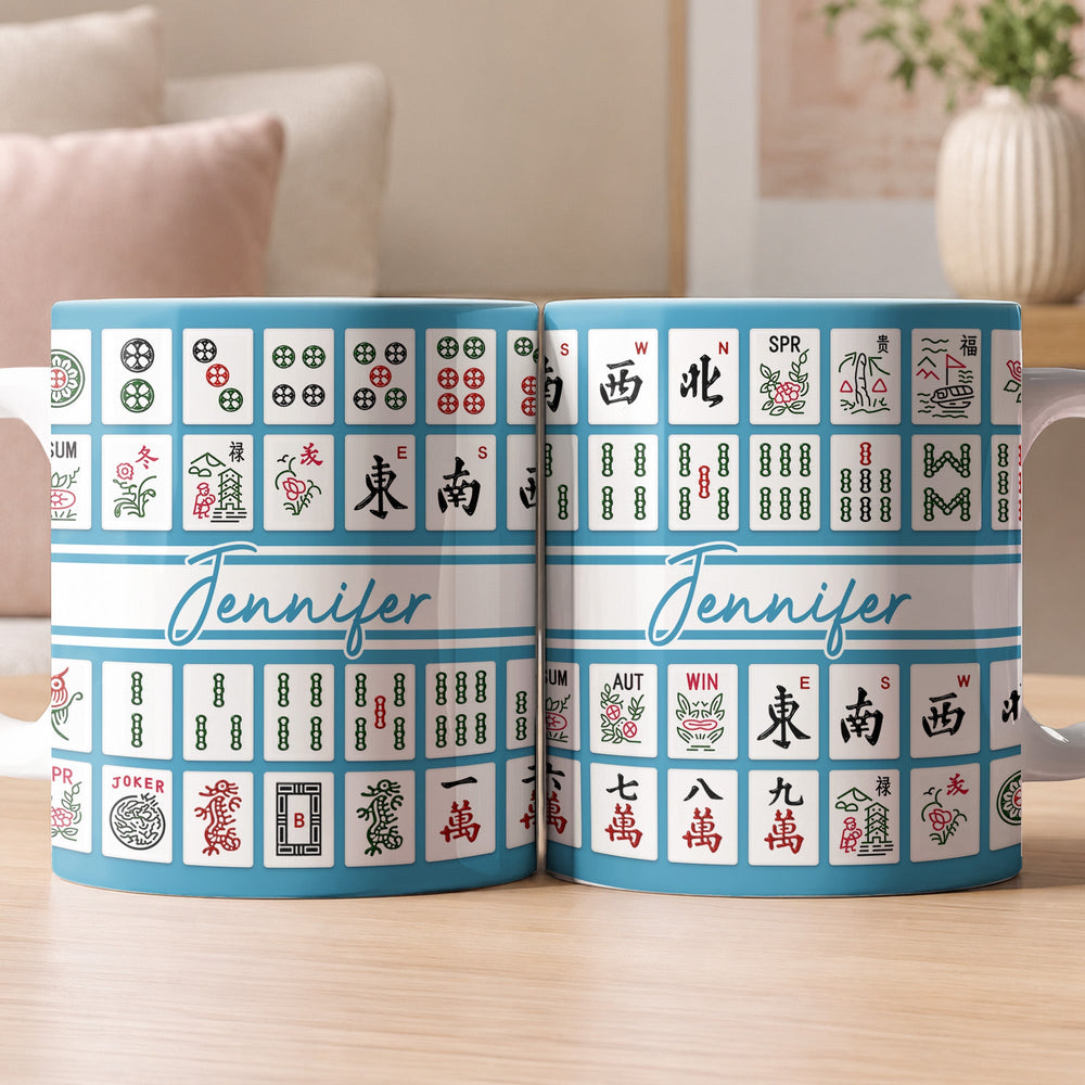 Personalized Monogram Mahjong Tiles Coffee Mug – Custom Name Ceramic Cup Gift for Mahjong Lovers & Players