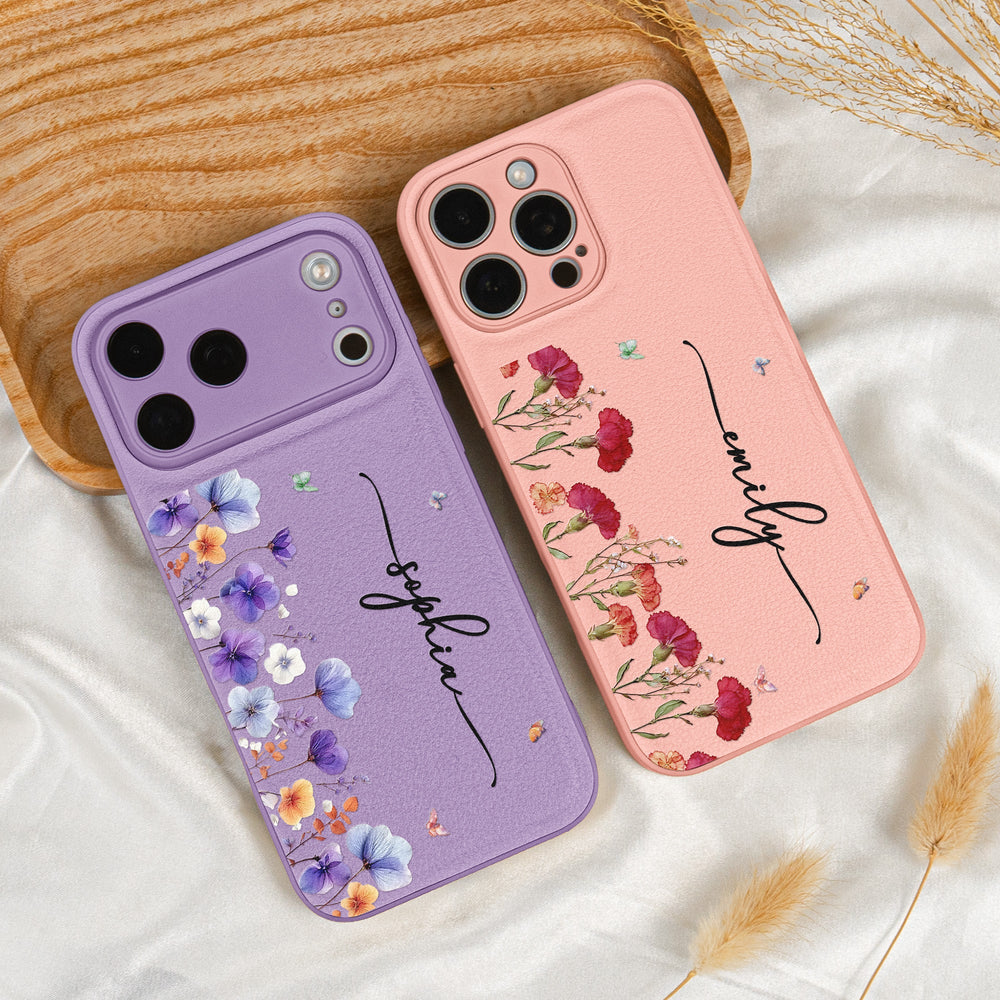 Custom Name Birth Flower For Her - Personalized Leather Phone Case