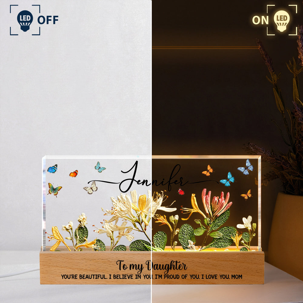Custom Name & Faux Pressed Birth Flower Gift For Her - Personalized LED Night Light