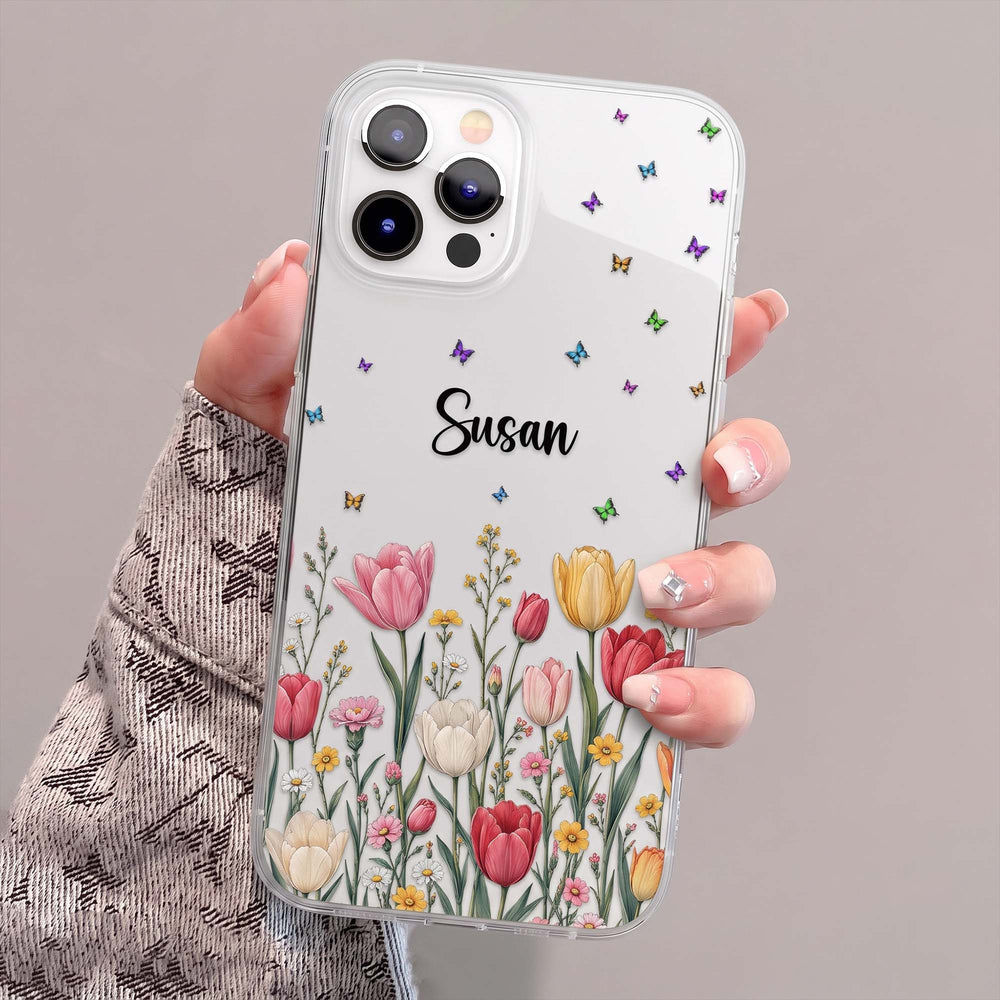 Personalized Birth Flower Phone Case - Custom Name Clear Case Gift for Her