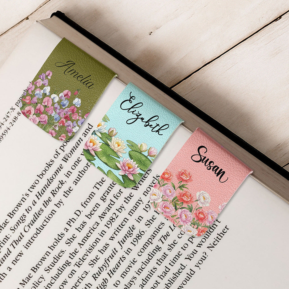 Custom Name & Birth Month Flower For Book Lovers, Book Clubs - Personalized Leather Magnetic Bookmark