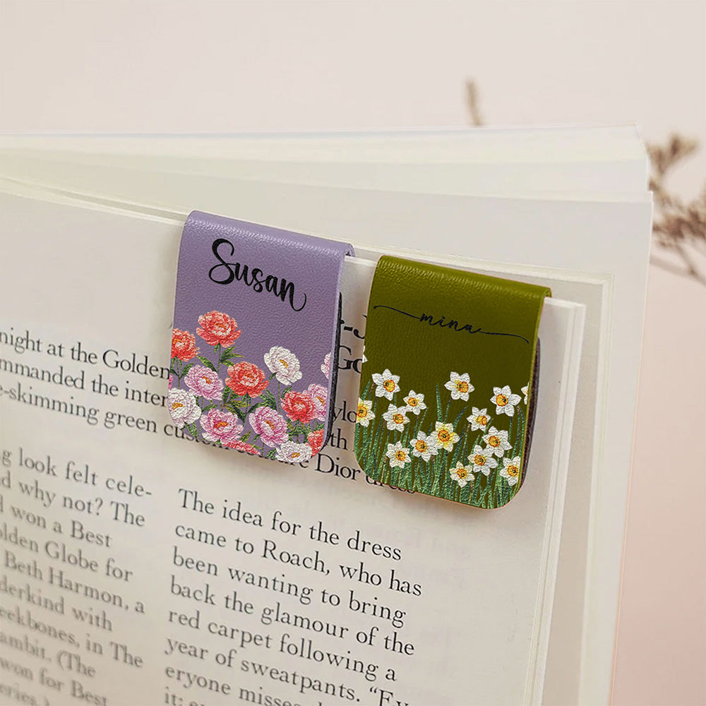 Custom Name & Birth Month Flower For Book Lovers, Book Clubs - Personalized Leather Magnetic Bookmark