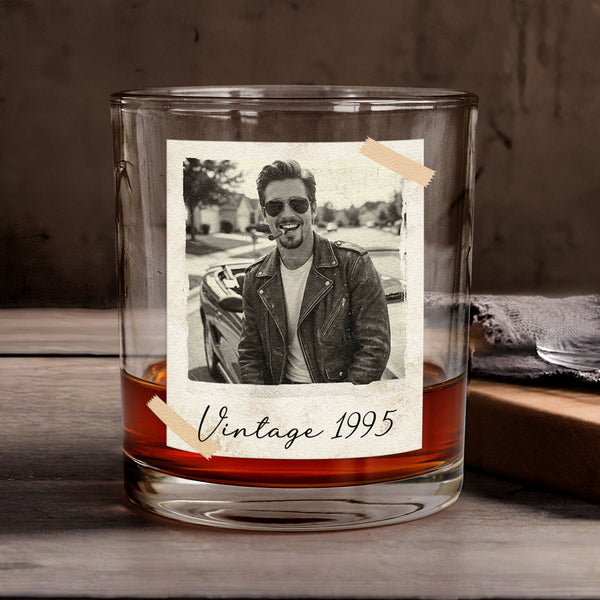 Father's Day Gifts, Custom Vintage Retro Polaroid Photo For Him - Personalized Photo Whiskey Glass | Custom Dad Bar Gift