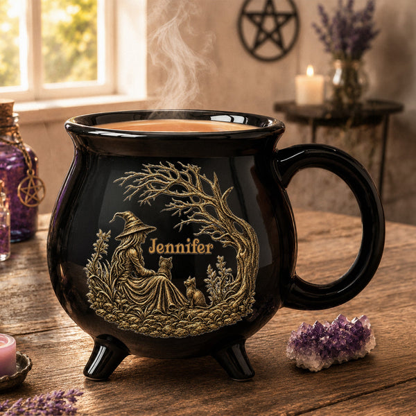 Personalized Vintage Witch Cauldron Mug - Custom Name Halloween Gift for Her