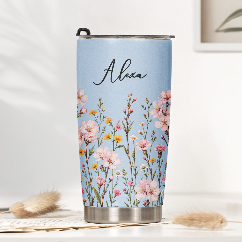 Personalized Birth Flower Tumbler - Custom Name Stainless Steel Travel Mug