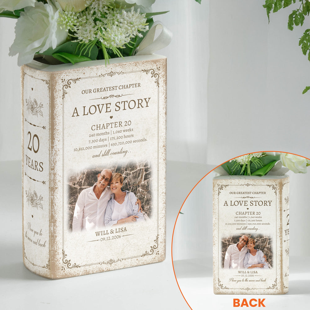Personalized Anniversary Counting Time Ceramic Book Vase, Custom Years Love Story Gift for Couples, Parents