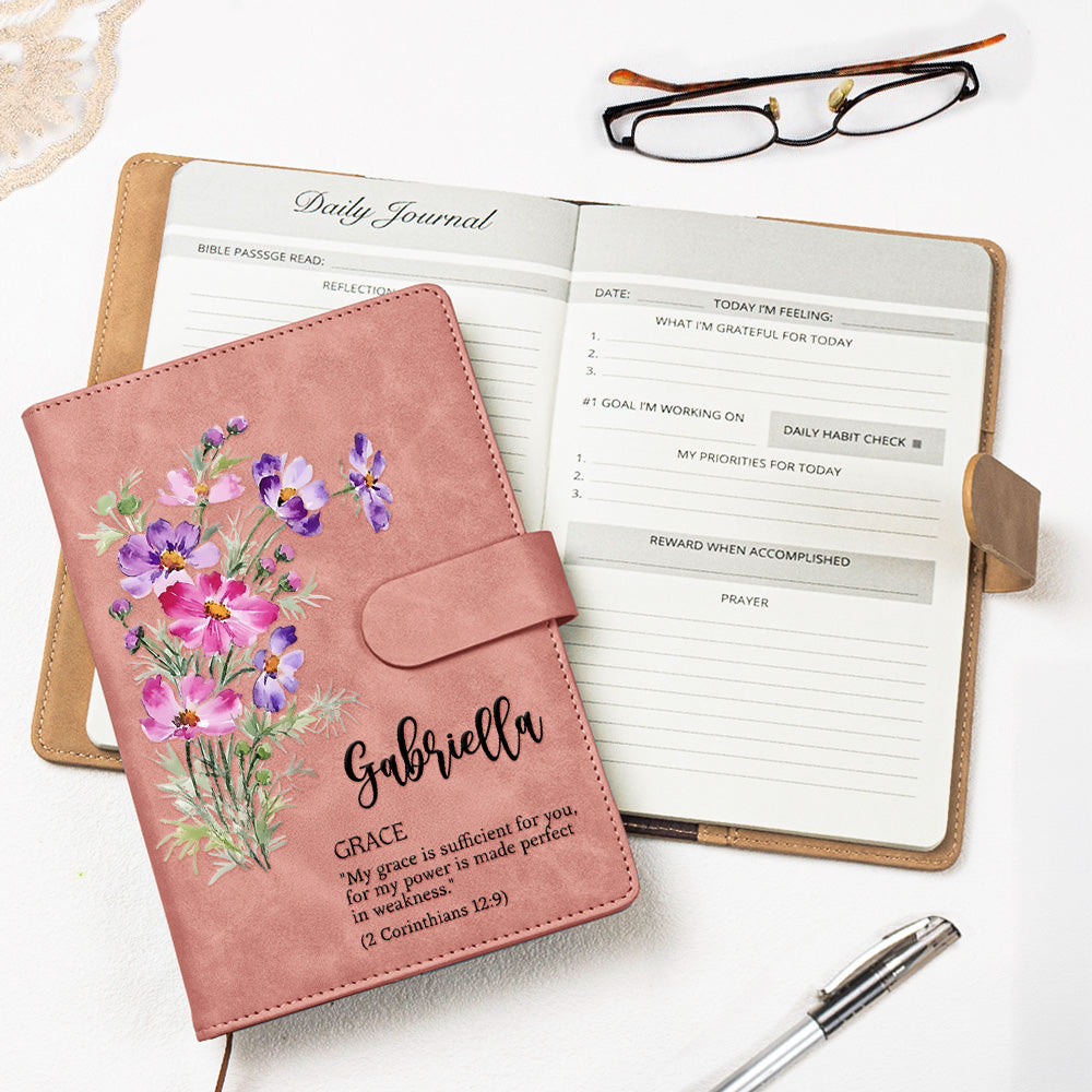 Custom Birth Flower Initial With Bible Verse - Personalized Leather Prayer Journal