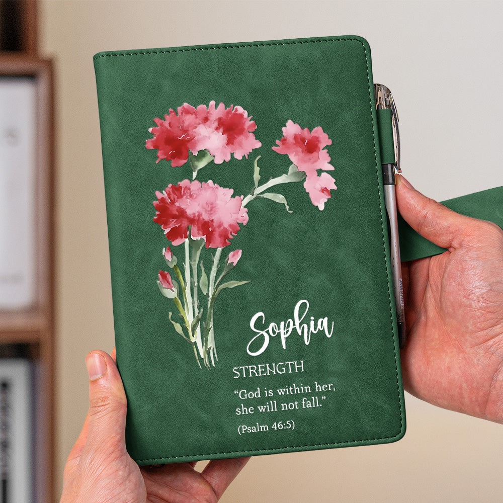 Custom Birth Flower Initial With Bible Verse - Personalized Leather Prayer Journal